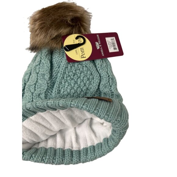 Angela & William Mint Green Fleece Lined Knit Beanie With Faux Fur Pom Pom - Picture 3 of 3